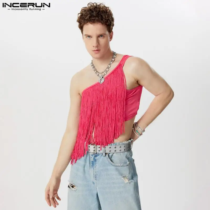 INCERUN Tops 2024 American Style Men's Sexy Sloping Shoulder Tassel Cropped Vests Fashion Clubwear Hot Sale Thin Tank Tops S-5XL