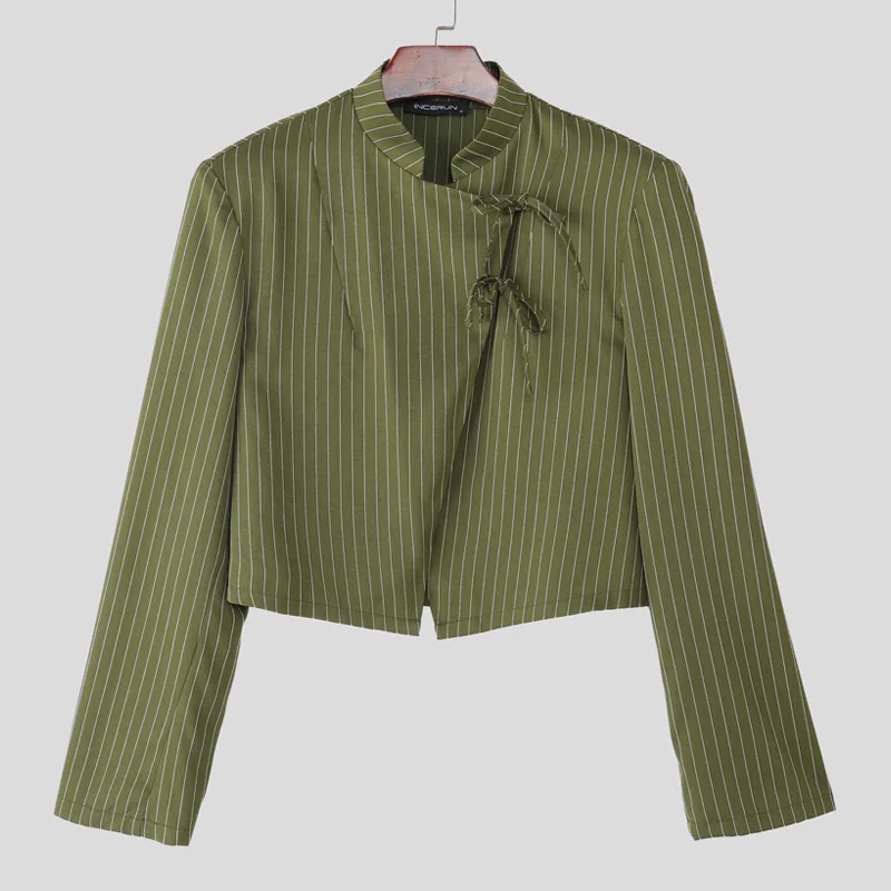 

INCERUN Men Striped Blazer Stand Collar Long Sleeve Lace Up Casual Thin Crop Coats Men Streetwear 2025 Fashion Male Suit S-3XL