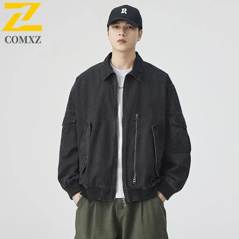 

COMXZ Windbreaker Men solid color Stand CollarTrendy Loose Fit Casual Coat Waterproof Windproof Hong Kong Style Streetwear 2025