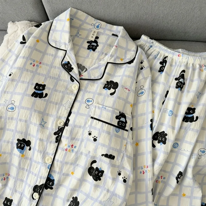 Cat Print Korean Style Sweet Cute Women Pajamas Big Size 2 Piece Set Autumn Winter Blue Plaid Sleepwear Loungewear Sleepwear
