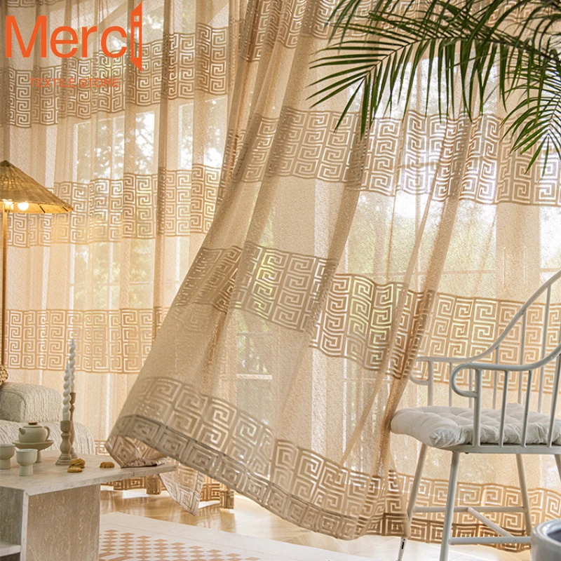 Chinese Classical Style Modern Style White Gauze Coffee Color Zigzag Embroidered Curtains for Living Dining Room Bedroom Custom