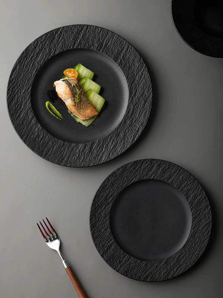 European Style Black Ceramic Dinner Plate Western Food Steak Plates Round Cooking Dishes Hotel Restaurant Tableware Set