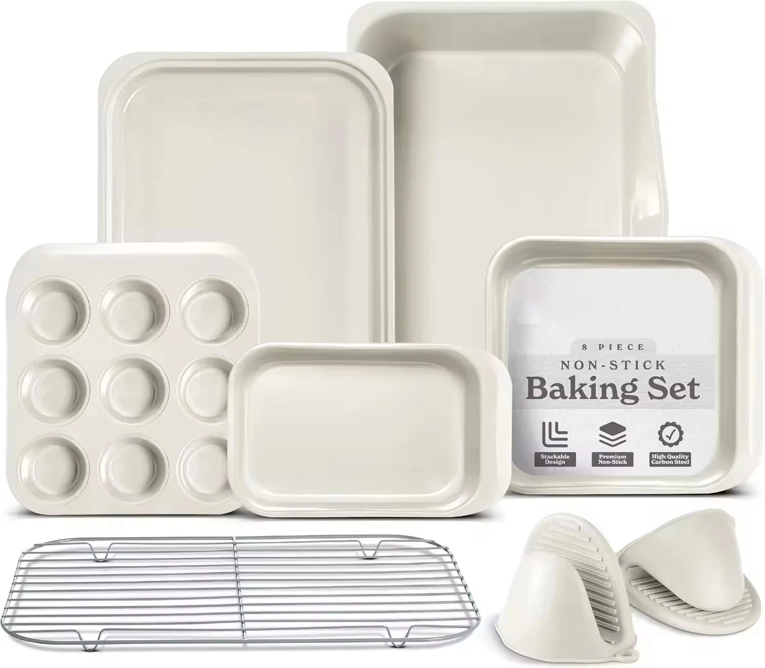 8 Pieces Cream Non-Stick Stackable Baking Pan Set Deluxe Heavy-Duty Durable Easy Loose Baking Set