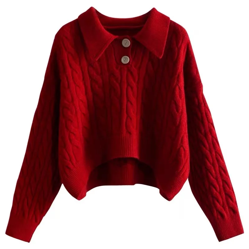 Autumn and Winter New Women's Long-sleeved Short Sweater Fashionable Polo Collar Button Pullover Knitted Sweater Knitwear