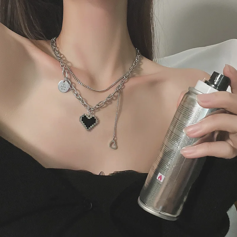 Trendy Black Peach Heart Pendant Necklace For Women Girl Double Layered Hip Hop Cool Clavicle Chain Jewelry Y2K Accessories Gift