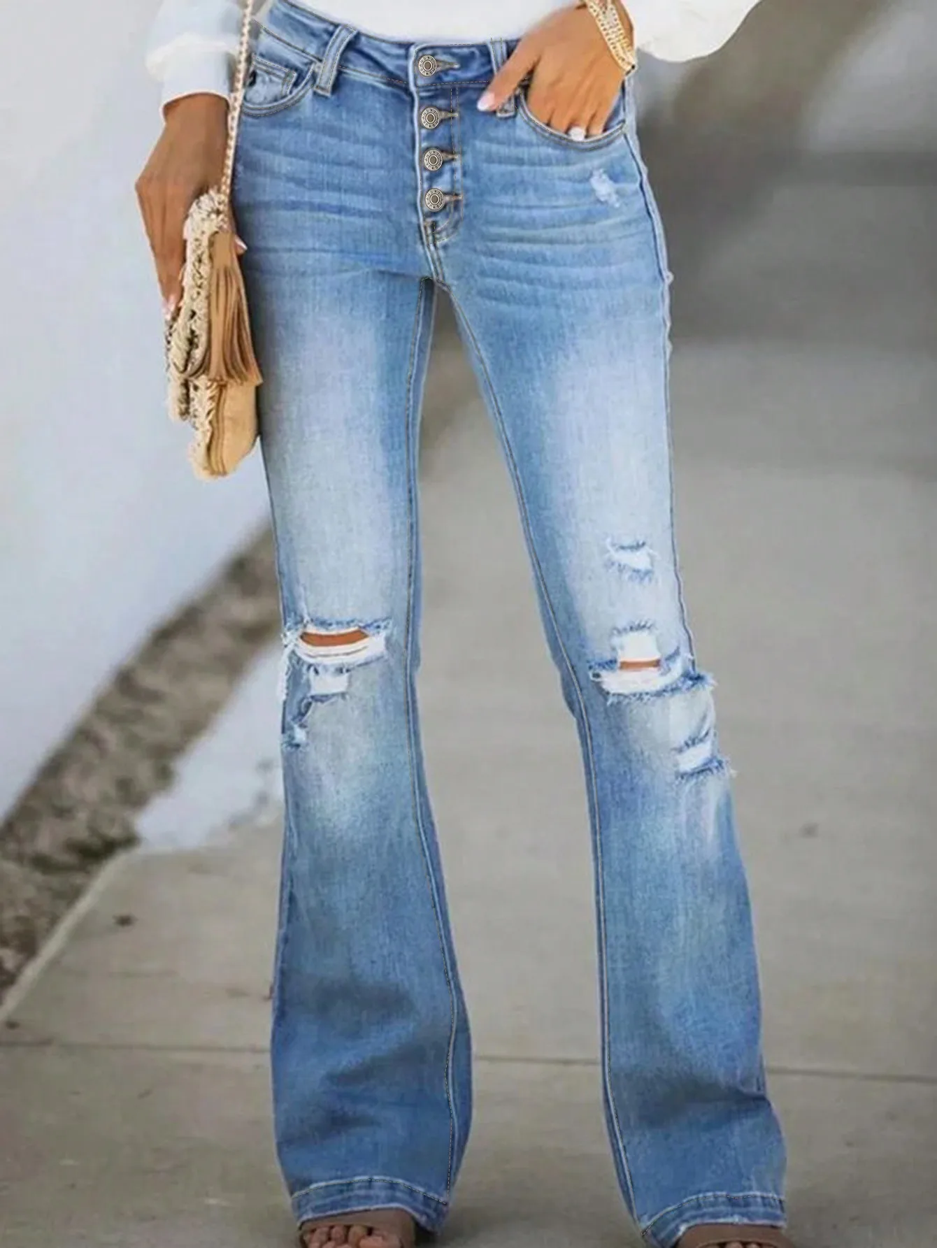 WGXWGX Women's High-Waisted Ripped Flare Jeans Trendy Button Front Distressed Cotton Denim Full-Length Pants
