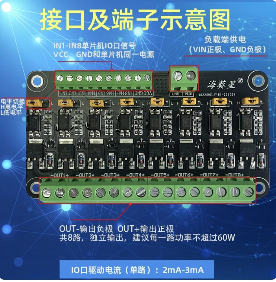 8-way MOS transistor module,single-chip microcontroller,PLC,amplifying field-effect drive transistor,optocoupler isolation PWM