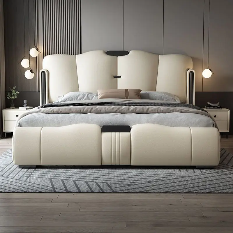 #China Factory Modern Space Saving Leather Upholstery Oak Wood Iron Frame Bedroom King Queen Full Size Bed Frame