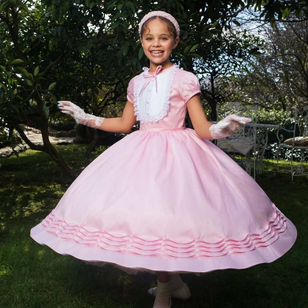 Princess Flower Girl Dress for Wedding Short Sleeves Ankle Lenght Kids Infant Baptism Gowns First Communion Gowns Customized