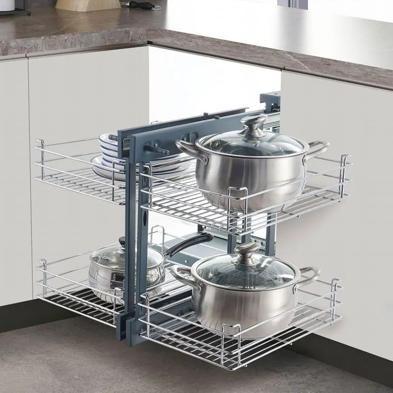 

Kitchen Cabinet Crystal Corner Basket Double Drawer Storage Basket Wire Full Open Corner Monster Basket
