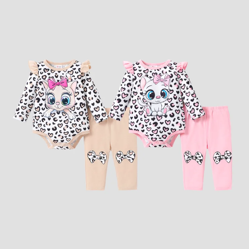 PatPat  2pcs Baby Girl Childlike Cat Animal Pattern Flutter Sleeve Set