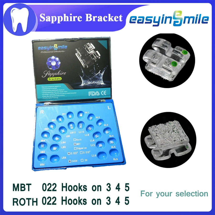 EASYINSMILE Ortho Monocrystalline Sapphire Dental Ceramic Clear Bracket MBT/ROTH 0.22 20pcs