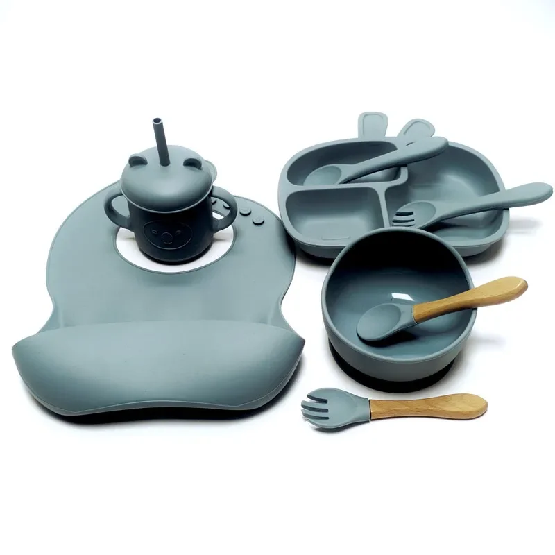 

Silicone baby tableware set food grade complementary bowl baby children silicone dinner plate fork spoon bib set