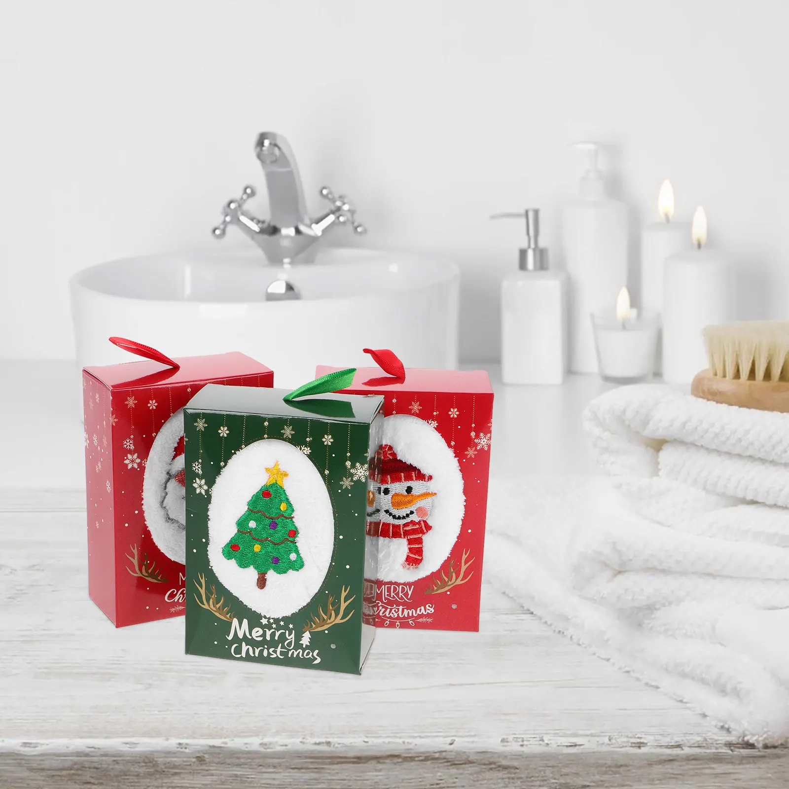 

3Pcs Christmas Hand Towels Gift Set Soft Decorative Kitchen Bathroom Towels Small Creative Holiday Gift Box Decorative Towel
