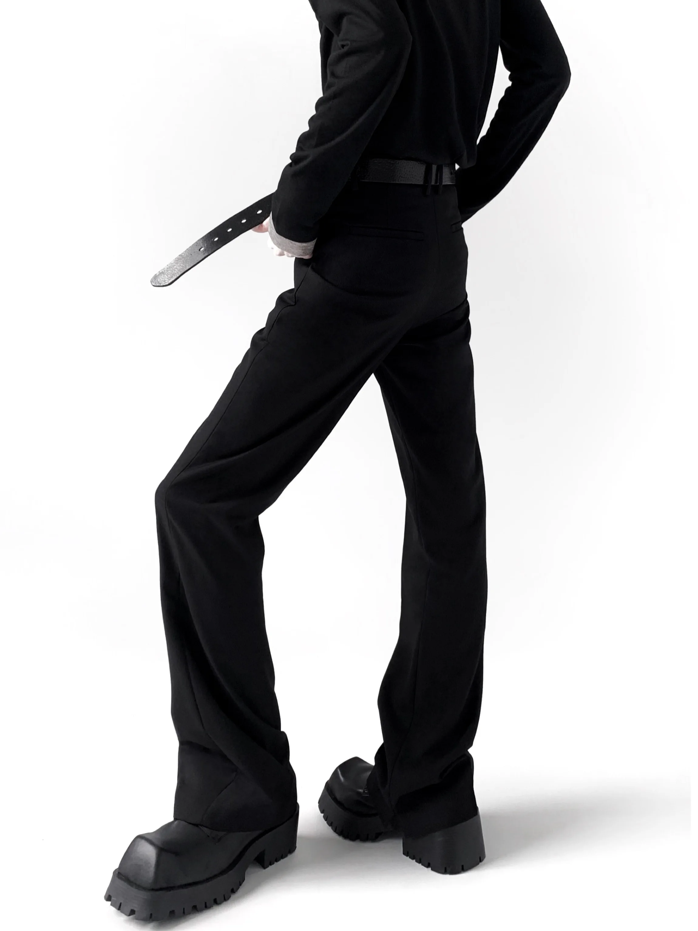 Black Cleanfit Micro Flared Slit Long Men's Western Pants Drapey High Waist Extended Trousers Straight Leg Casual Youth Style