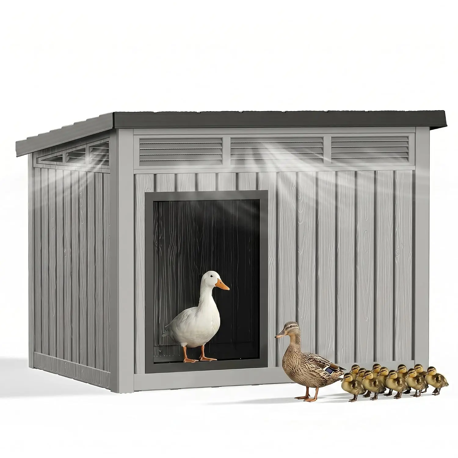 Resin PP Chicken Coop, Sloped Roof Shelter, Wood Grain Finish, Gas Strut Opening, Ventilated Interior, Easy Assembly, Customized