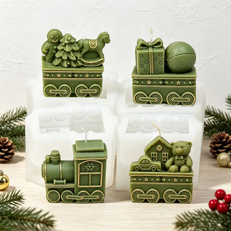 Weihnachtszug Silikon-Kerzenform, Lebkuchenmann Bär Haus Geschenkbox Relief-Design DIY Duftkerze Seife Gips