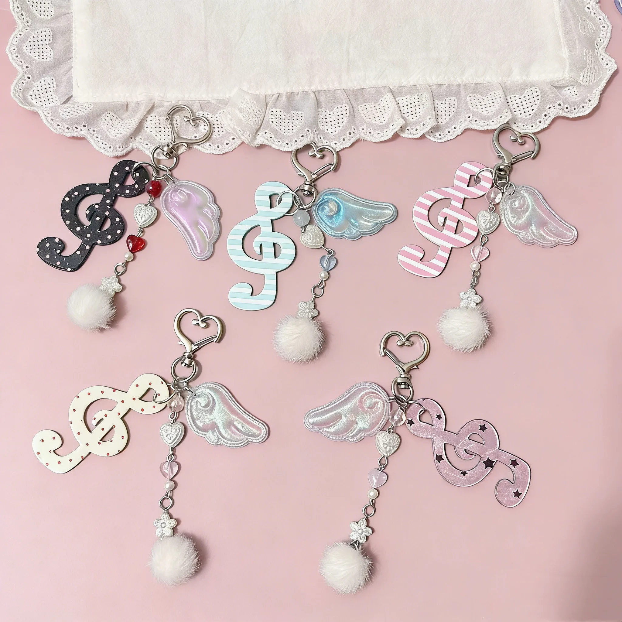 Creative Cute Fun Ancient Polka Dot Striped Note Star Key Chain Bag Pendant Accessories
