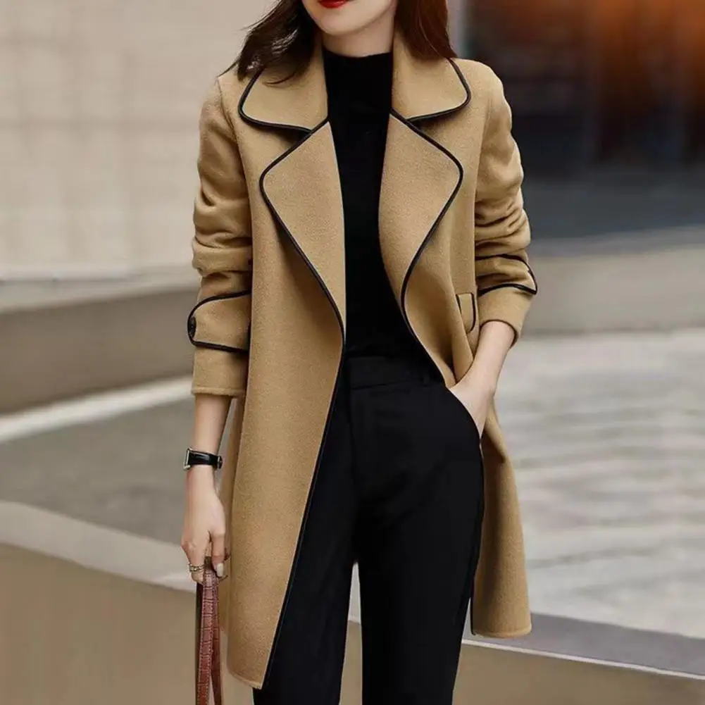 Women Woolen Coat Contrast Color Belt Overcoat Autumn Winter Wool Coat Slim Fit Suit Collar Mid Length Trendy Women Overcoat