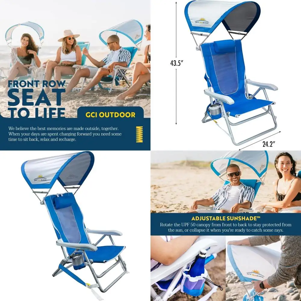 

Folding Reclining Beach Chair with Canopy, Armrests, Drink Holder, and Carry Straps - Ideal for Outdoor Relaxation