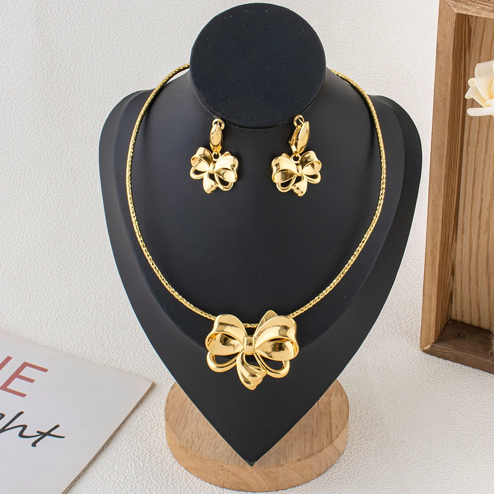 Luxus elegante Bowknot Design Schmuck Set Frauen afrikanischen Dubai Gold Farbe Mode Halskette Ohrringe Set für anmutige Damen Geschenk – Detail 5