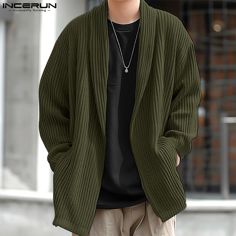 INCERUN Men Causal Long Sleeve Cardigans 2024 Autumn Loose Fashion Texture Stripes Kimonos Solid Color Elegant Simple Sweaters