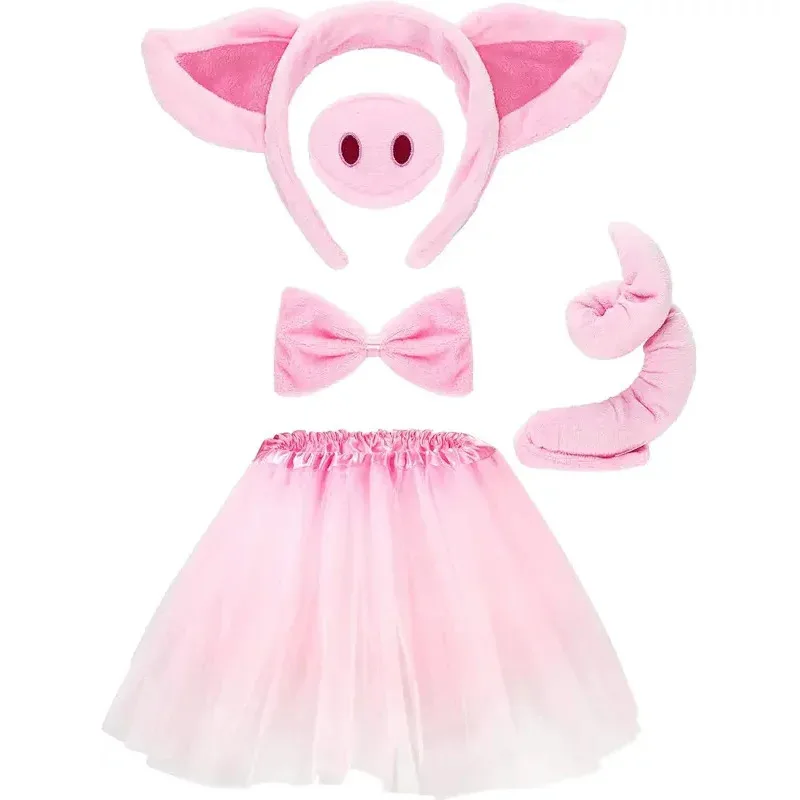 

2025 11 asdh8@Pink Set Pig Ears Nose Tail Bow Tie Tutu Skirt Animal Fancy Costume Cosplay Accessories for Kids Adult