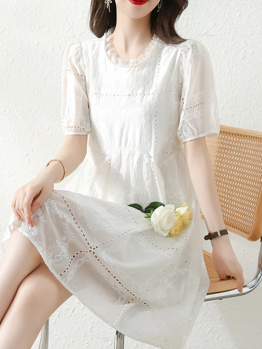 Blanco ahuecado encaje burbuja Sve A-Line Dr mujer verano Faion nueva llegada coreano Sle cintura suelta ort Sve