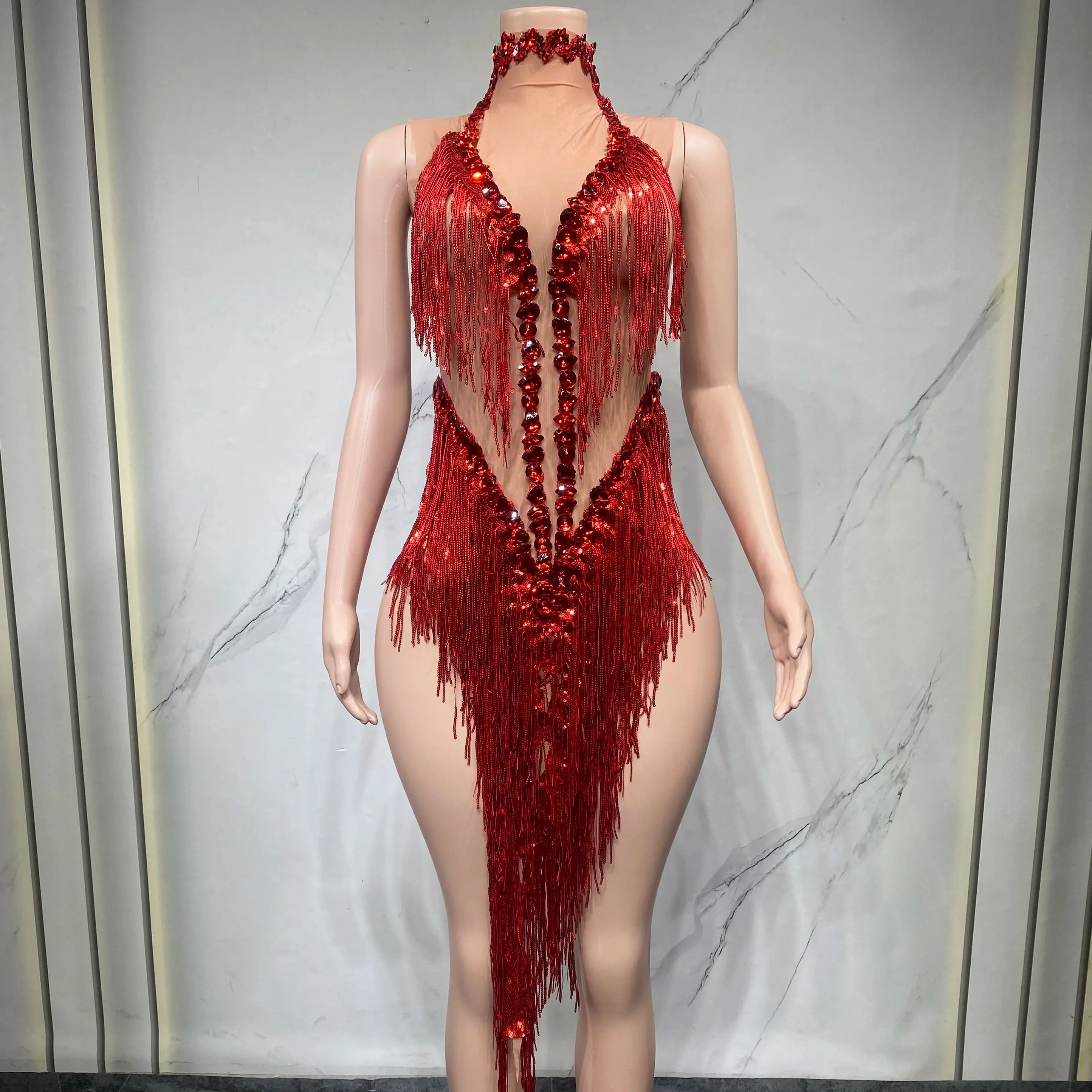 

Red See-through Elastic Mesh Sequin Tassel Skirt Dance Performance Costume Sparkling Festive Women's Special Occasion Outfit