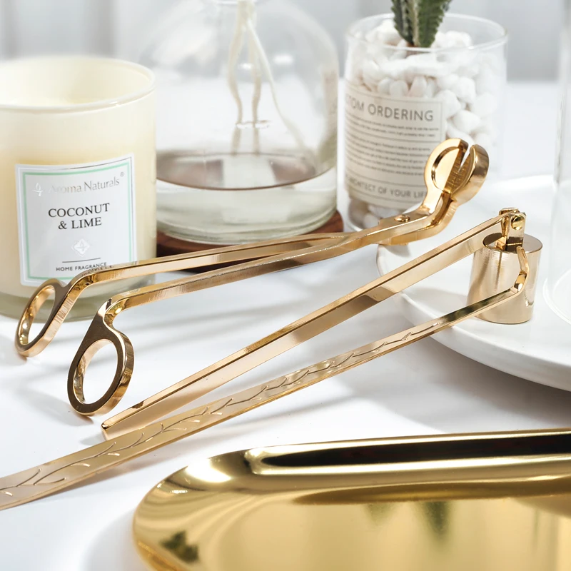 

Candle extinguisher golden three-piece set Candle trimmer Cover wax candle Candle scissors Candle wick scissors