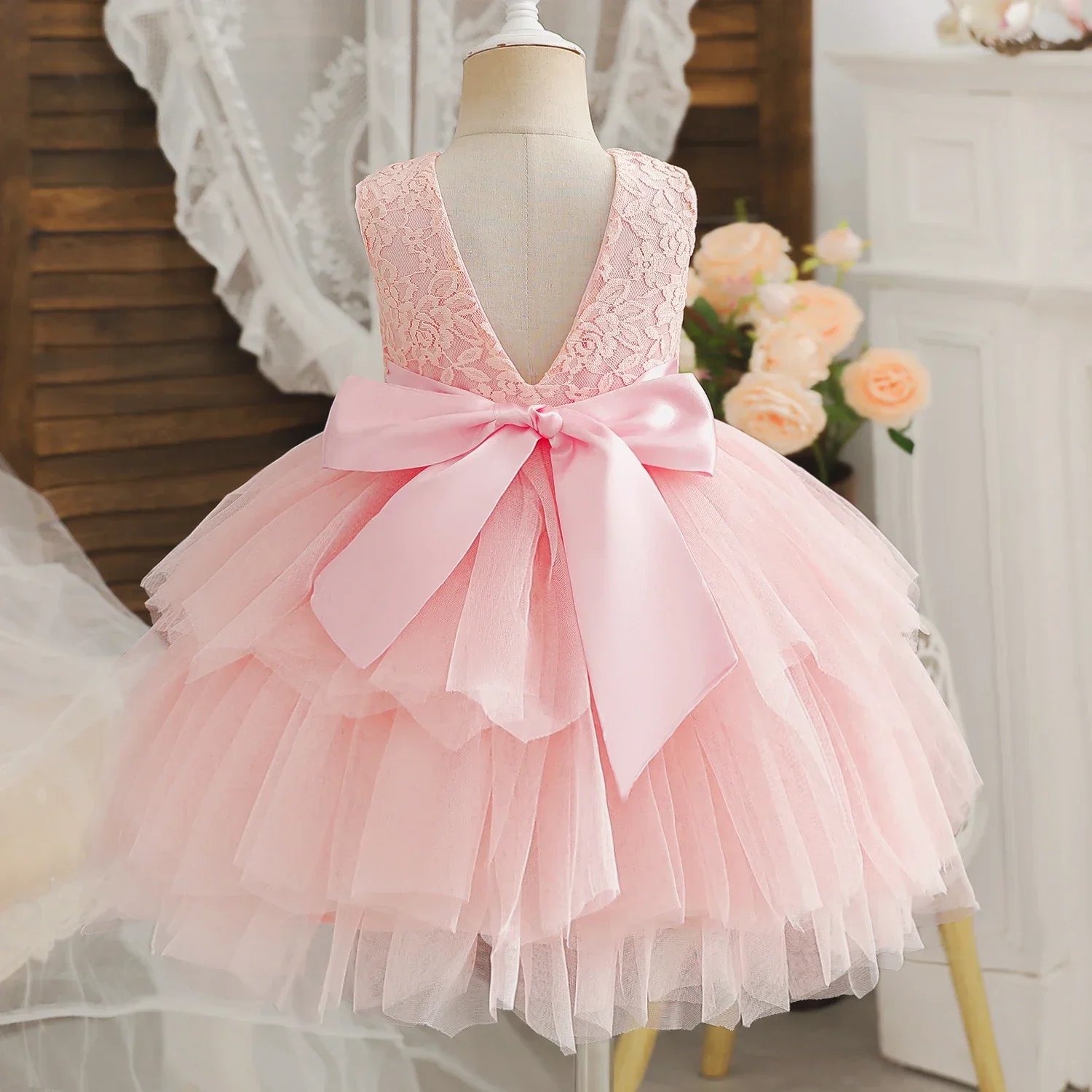 2024 New Baby Girl Dress for Backless Lace Layer 2-6Y Kids Birthday Princess Dress White Wedding Party Flower Tutu Elegant Gowns