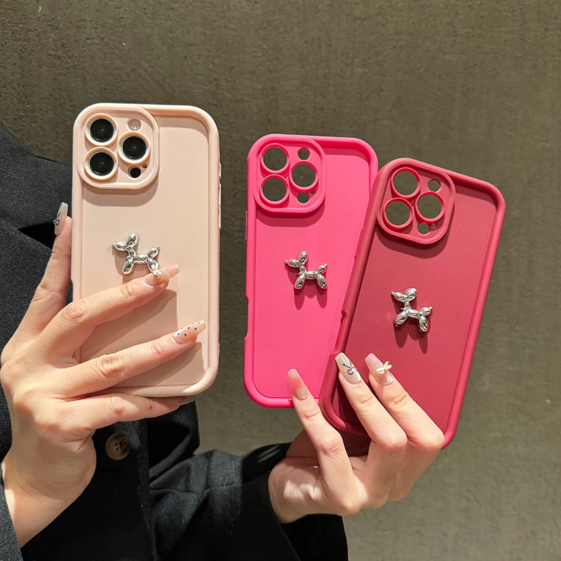 Cute 3D Sliver Balloon Dog Silicone Soft Phone Case For iPhone 15 14 13 12 11 16 Pro Max X XS XR 7 8 Plus Shockproof Candy Cover