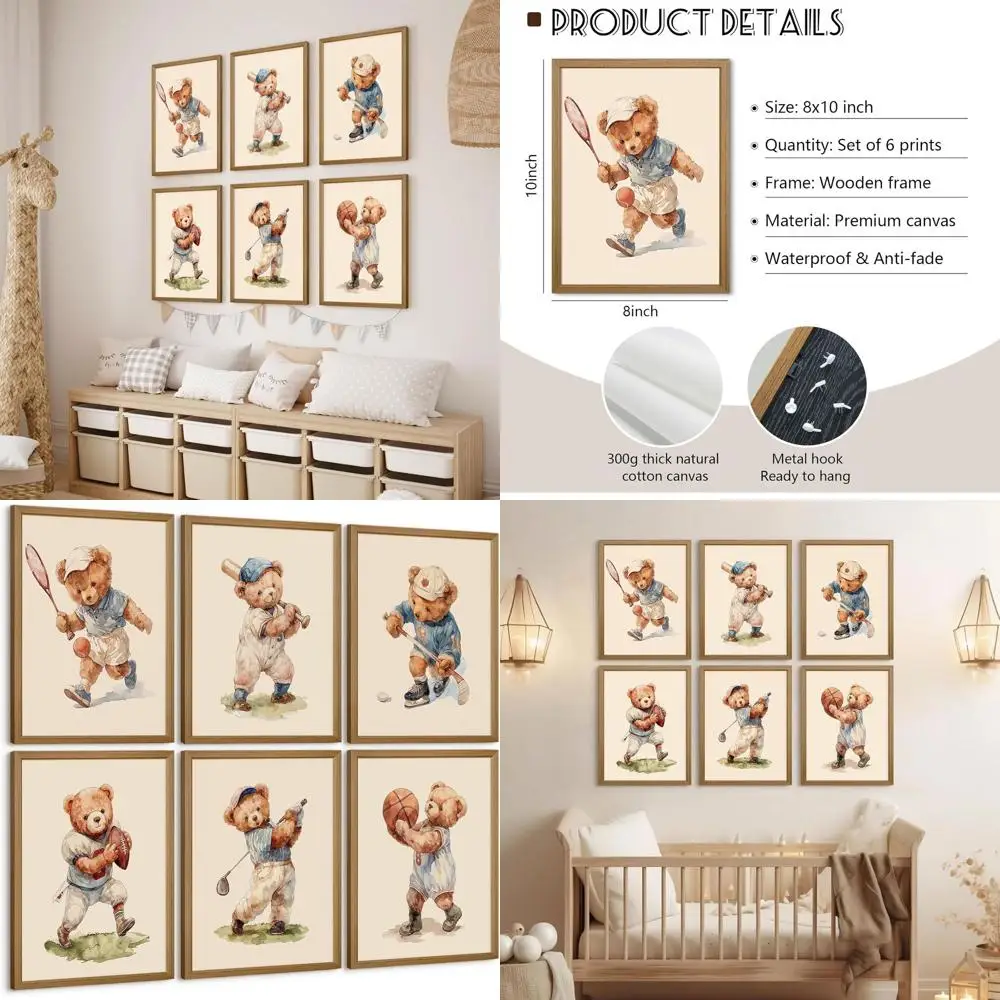 

Vintage Sports-Themed Teddy Bear Wall Art Set for Boys' Nursery, 8x10 Inch Framed Prints