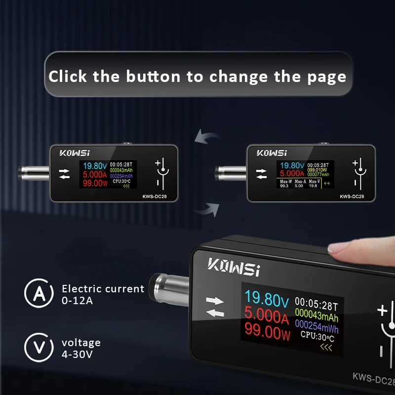 KWS-DC28 Current Voltage Tester Interface Tester 4-30V 12A Digital Voltage Ammeter Compatible with All Kinds of DC Port Devices