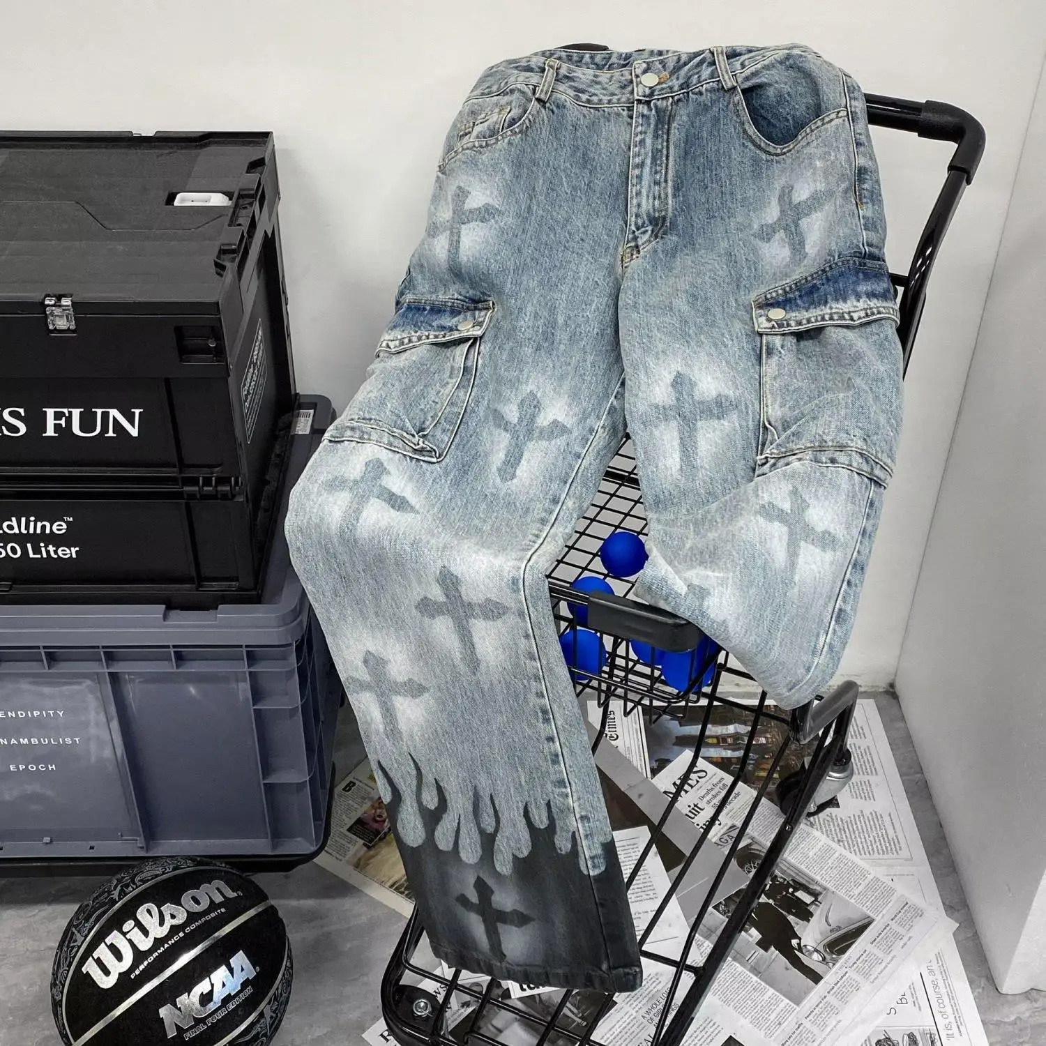

European and American high street splashed ink washed jeans for men, Instagram trendy straight leg mid waist pants