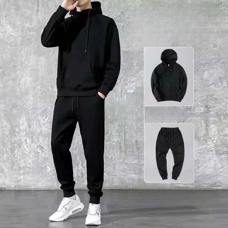 Men's 2026 New Fall Winter Korean Style Trendy Thick Fleece Lined Casual Athletic Hoodie Two Piece Set