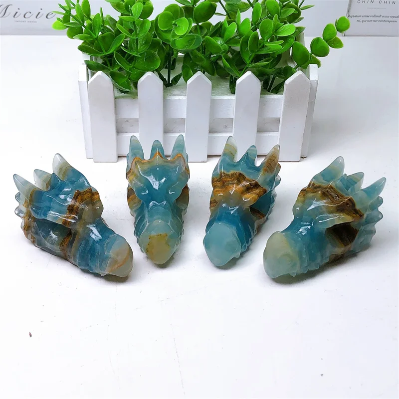 Natural Blue Onyx Dragon Skull Head, Polished Animal, Powerful Statue for Home Decoration, Gift, 1Pc