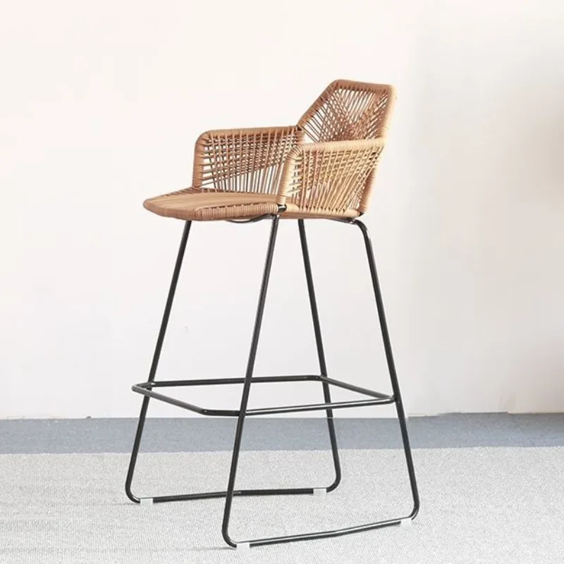 High footed rattan woven bar chair backrest dining armchair for balcony outdoor courtyard waterproof chair rattan stool