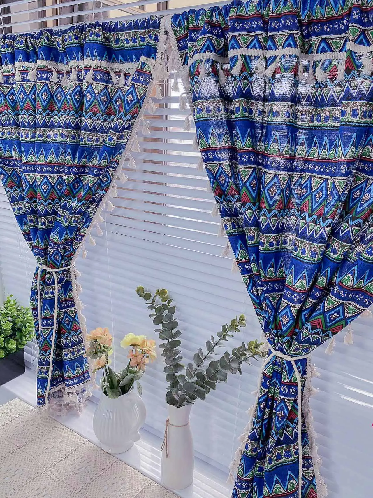 Red Bohemian Curtain with Tassel Backout, Window Drapes, Cotton, Bay, Flat Window, Bedroom, Living Room, Kitchen, Christmas