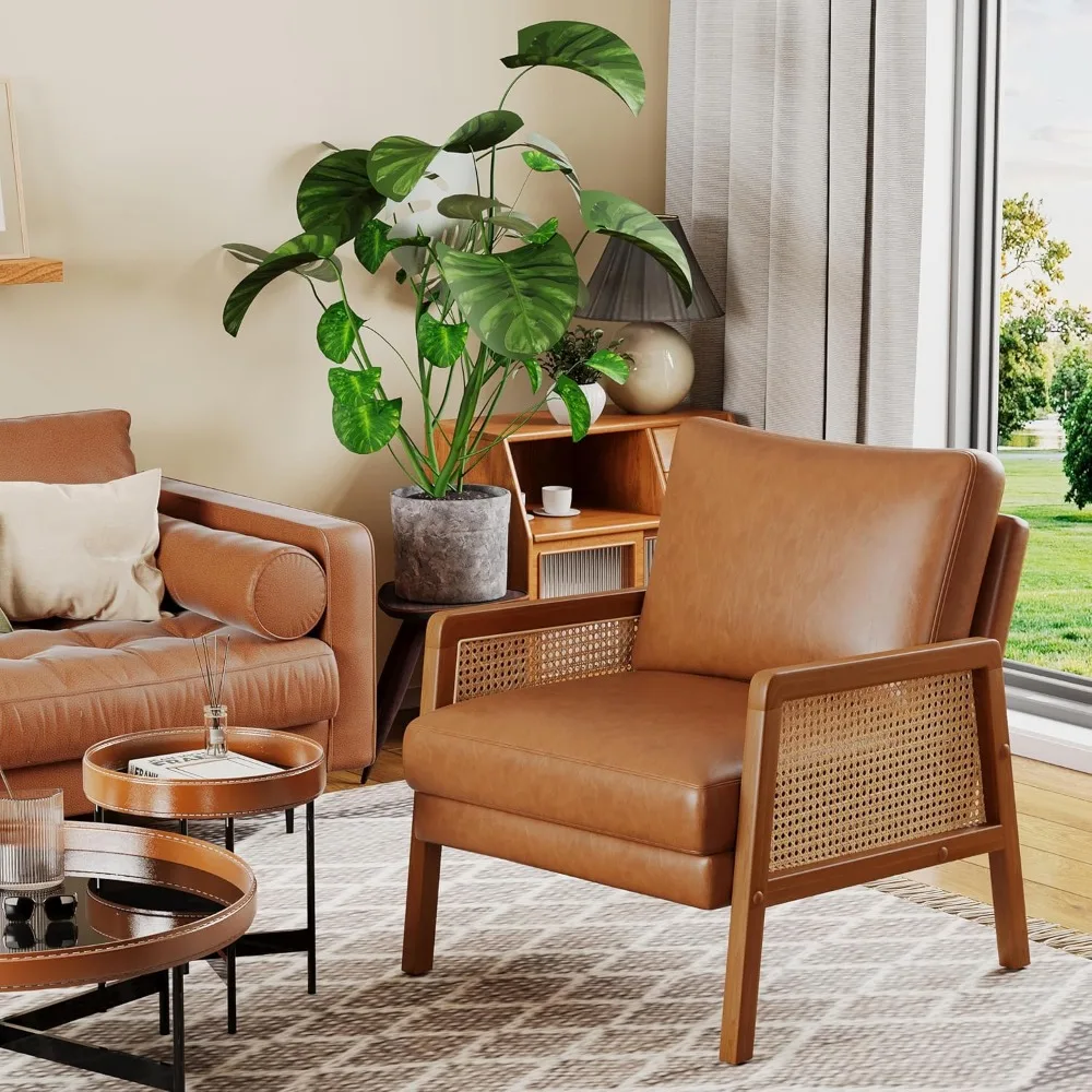 طقم كراسي بنية اللون مكون من كرسيين منجدين لغرفة المعيشة كرسي بذراعين من الخيزران الطبيعي، شبشب جلدي صناعي حديث