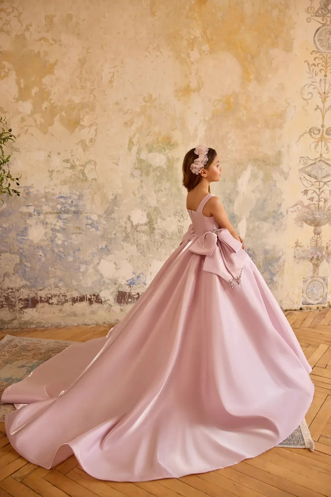 Customized Elegant Pink Satin Girls Dress, Square Neck A-Line Ball Gown, Waist Butterfly Trail Flower Girl Dress, Wedding,