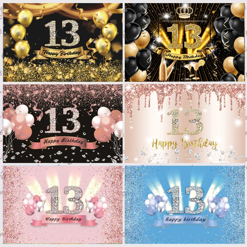 

13th Backdrop Black Rose Glod Boys Girls Thirteen Happy Birthday Party Custom Photography Background Photocall Props Banner