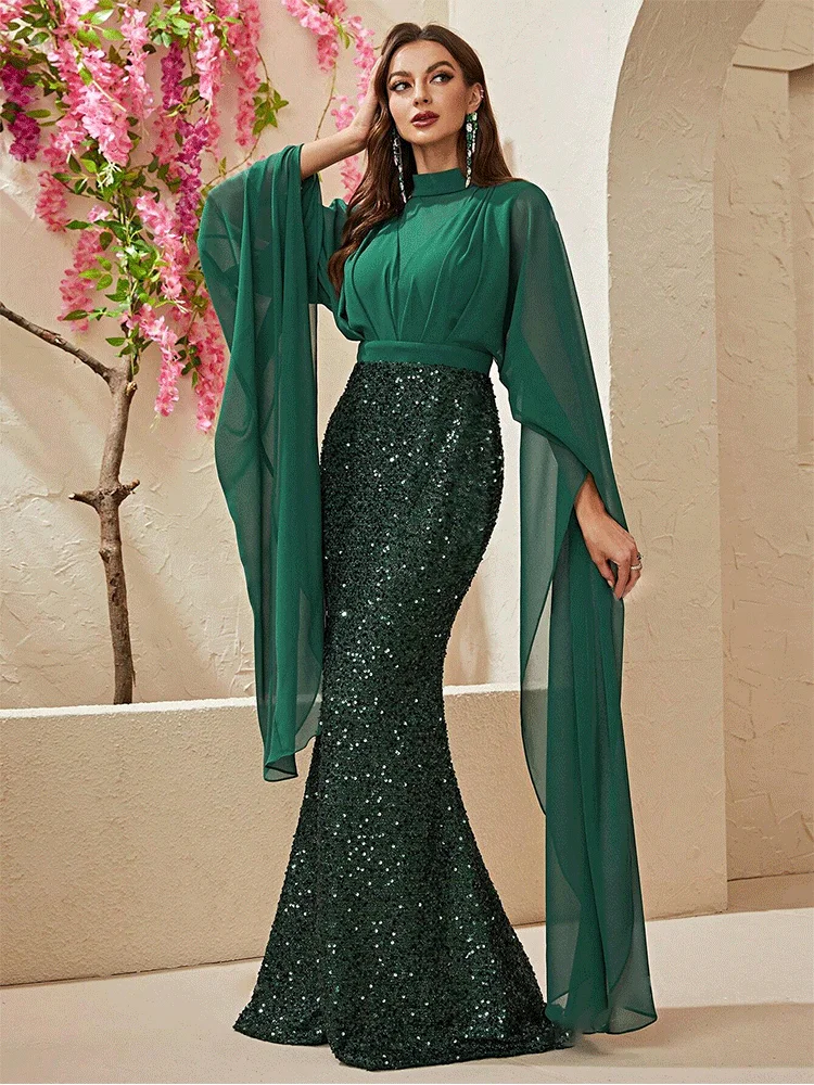 Round Neck Chiffon Long Sleeve Floor-Length Evening Dress Wedding Banquet Dance Luxury Ladies Party Evening Dress Prom Gown