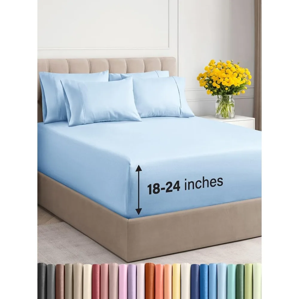 

Роскошный комплект дышащих охлаждающих простыней из 6 предметов — глубокий полный размер — легкая посадка — мягкое, без морщин, качественное постельное белье для отеля