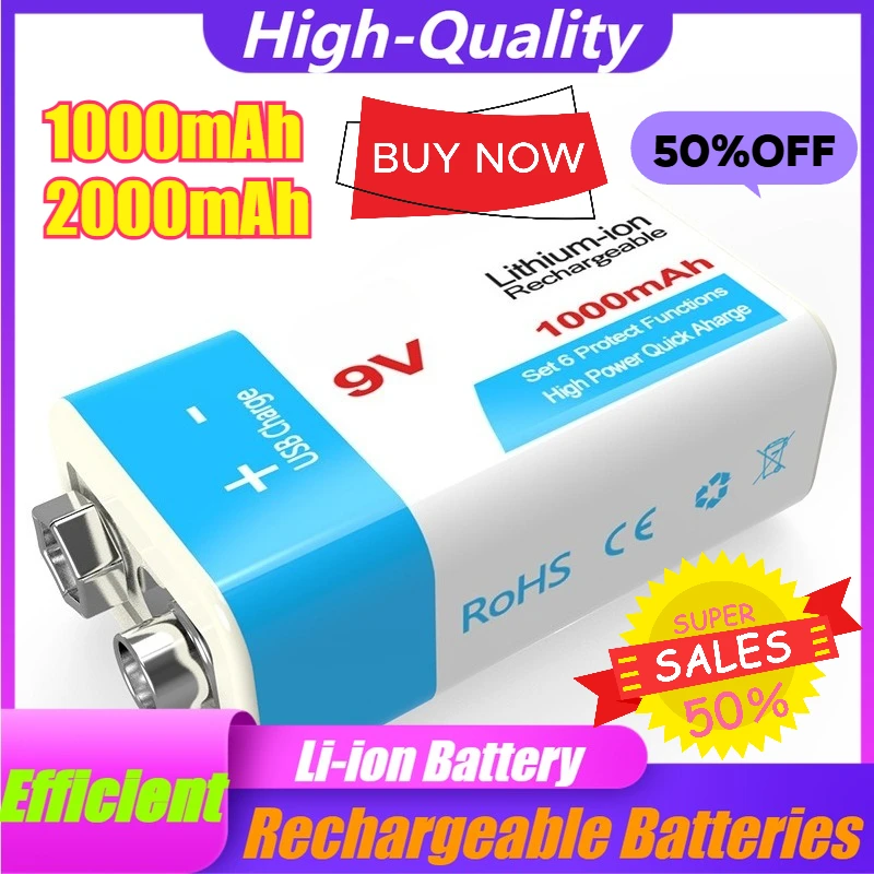 

9V 1000mAh 2000mAh USB Rechargeable Batteries, Suitable for Multimeters and Wireless Microphones