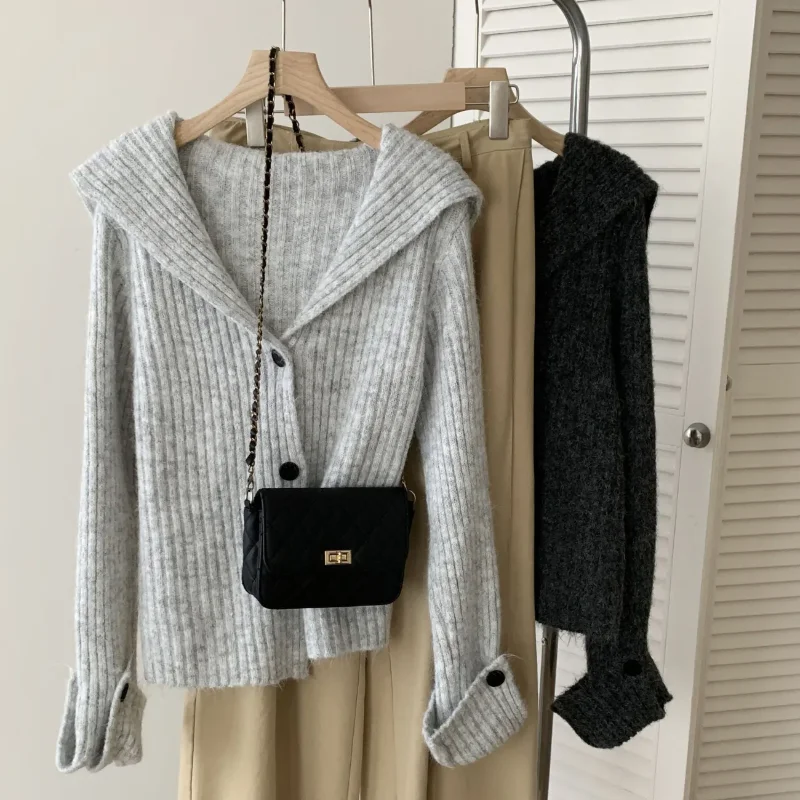 

Темно-синий стример, новый свитер с лацканами, осенний кардиган, свободный ленивый вязаный топ, куртка