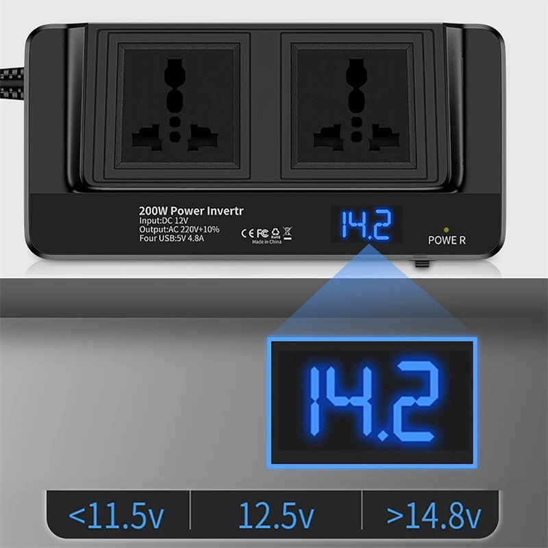 200w inversor de carro dc 12v/24v para ac 220v conversor de energia inversor 4 usb 5v 4.8a tomada de carregamento rápido tomada adaptador de energia