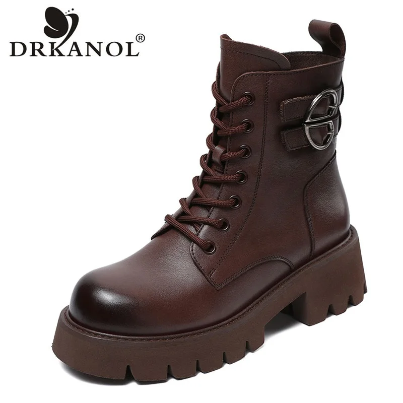 

DRKANOL British Style Women Chunky Platform Mid Calf Boots Autumn Winter Plush Warm Thick High Heel Retro Genuine Leather Boots