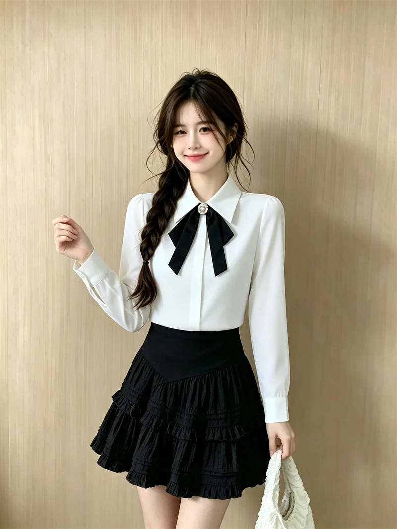 Women White Chiffon Blouse Long Sleeve Lapel Collar Detachable Bow Decor Elegant Office Commuter Work Shirt Top Early Autumn