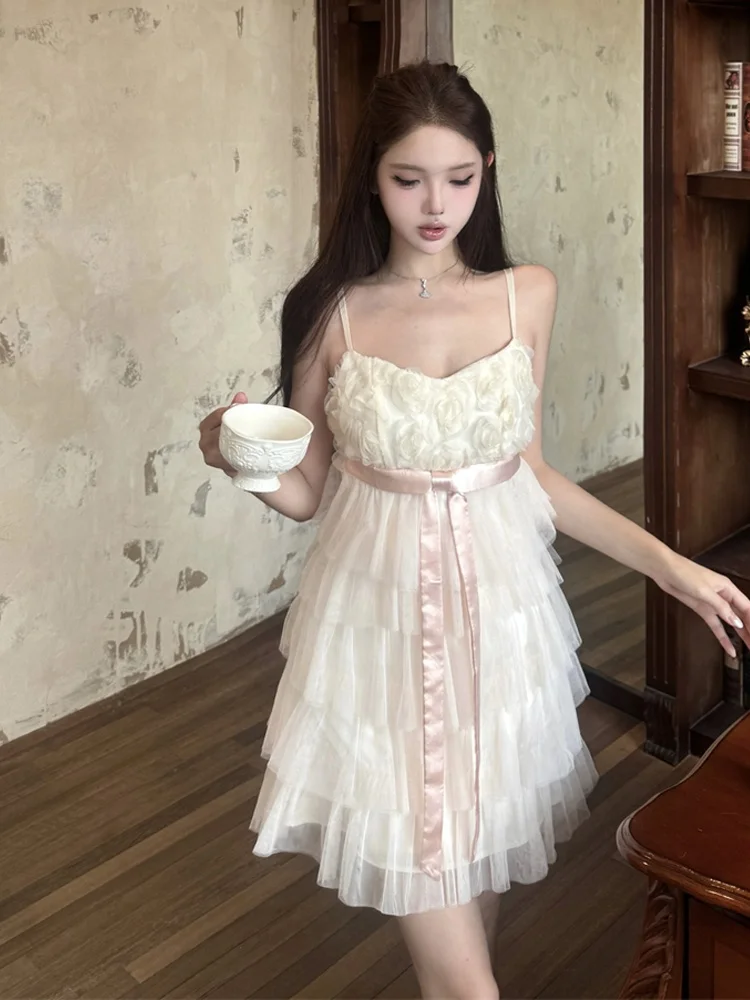 Handmade Rose  Knot Cake Strap Dress Sweet Girl Age Reduction Sleeveless Short Skirt Elegant High Waist Summer Dress